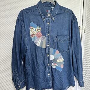 Vtg Quilted Sun Belt Denim Shirt Women’s Large Long Sleeve Cotton Button Shirt